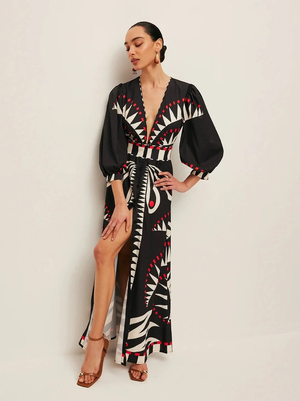 COMMENSE Boho Print V-Neck Split Dress - size Medium - Picture 2 of 8